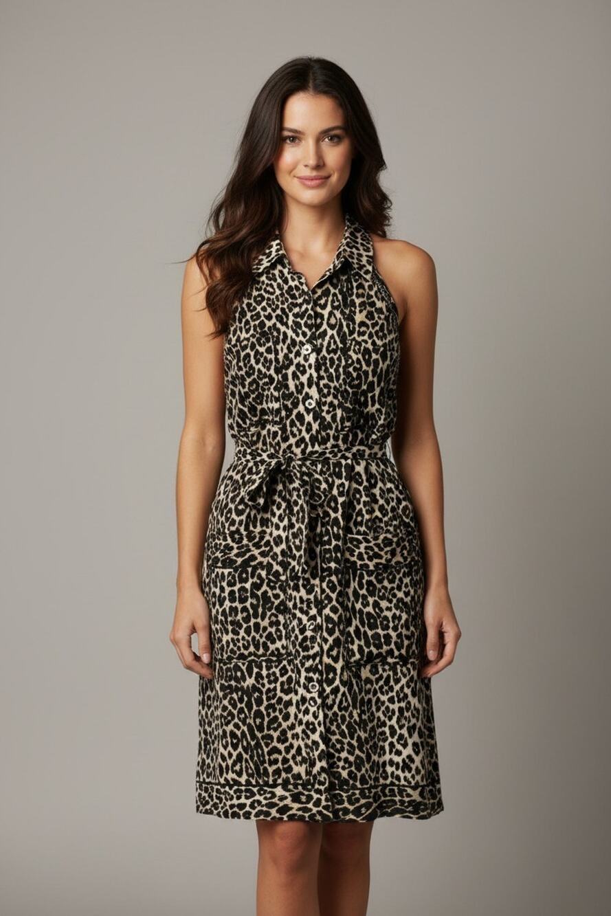 B0 NEW TAMARA MELLON Leopard Print Cotton & Silk Waist Tie Halter Dress Size 8
